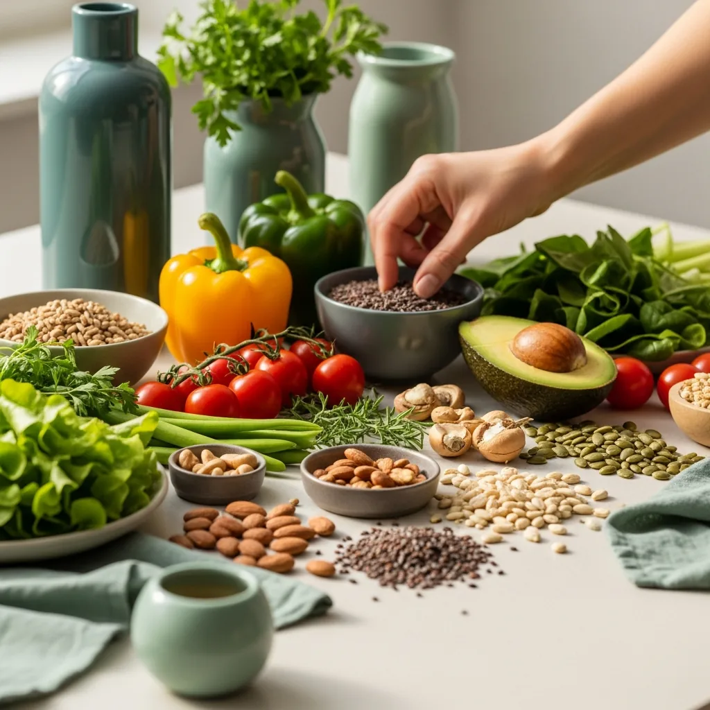 Fresh whole foods arranged for a nutrition-first plan