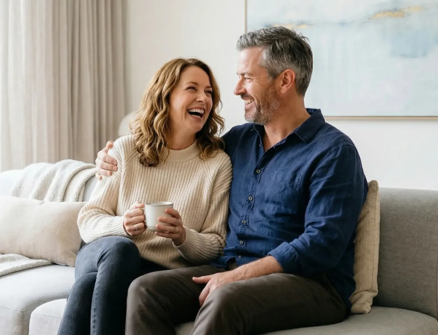 A smiling couple sitting together at home