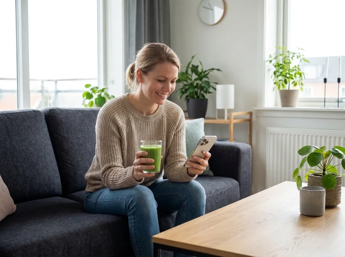 Woman holding a green drink while checking her phone at home