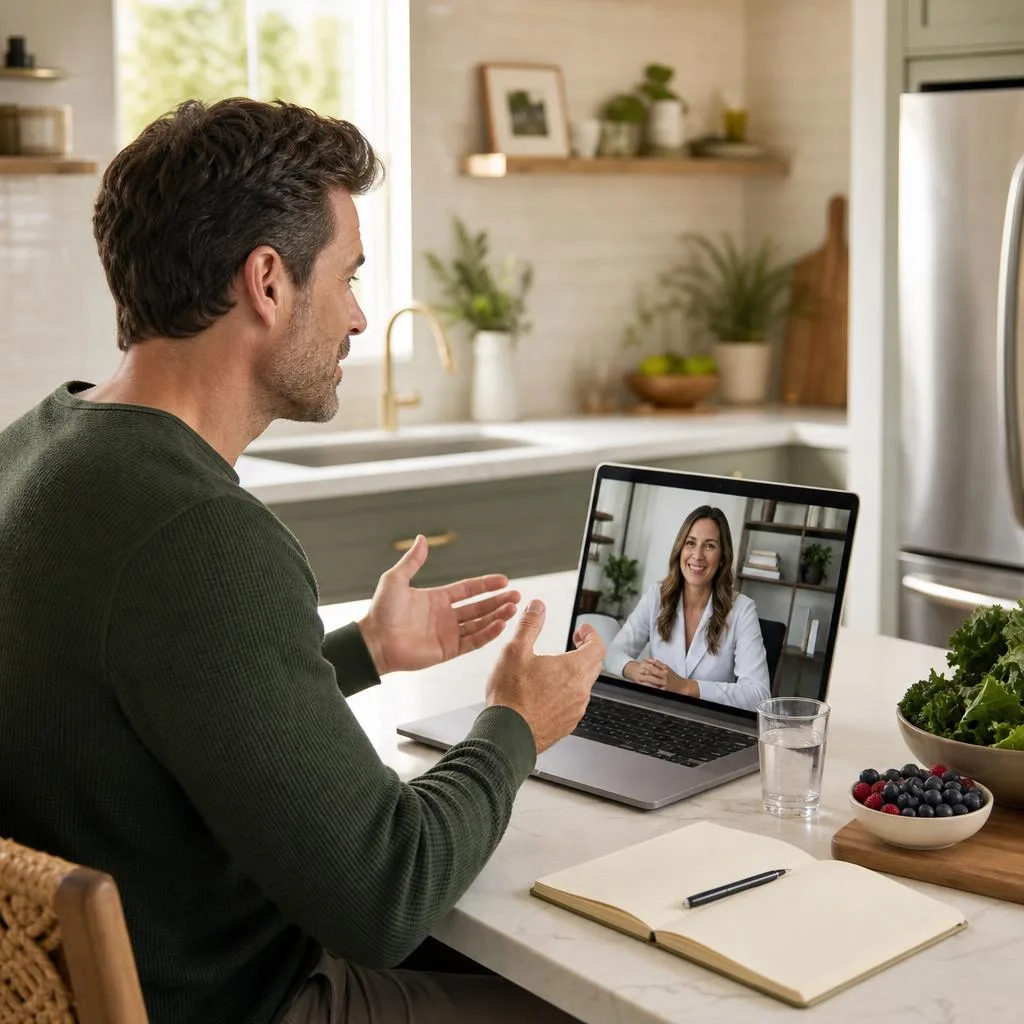 Man discussing his nutrition goals with a telehealth provider from his kitchen