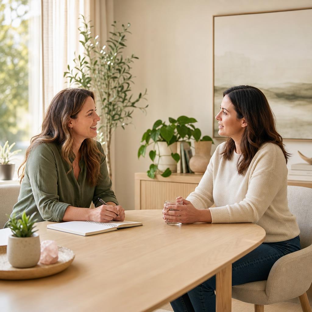 Two women talking over a notebook during a health coaching session