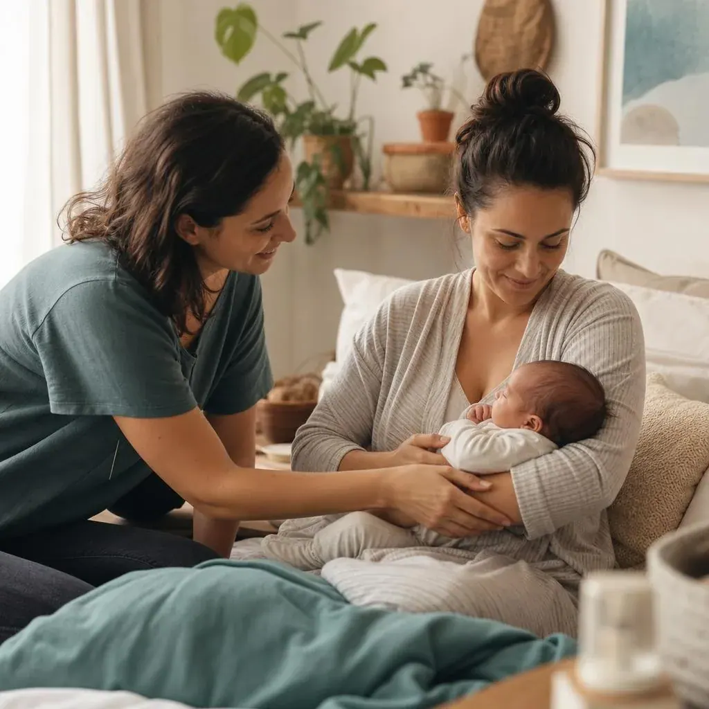 A postpartum doula helping a new mother with her newborn