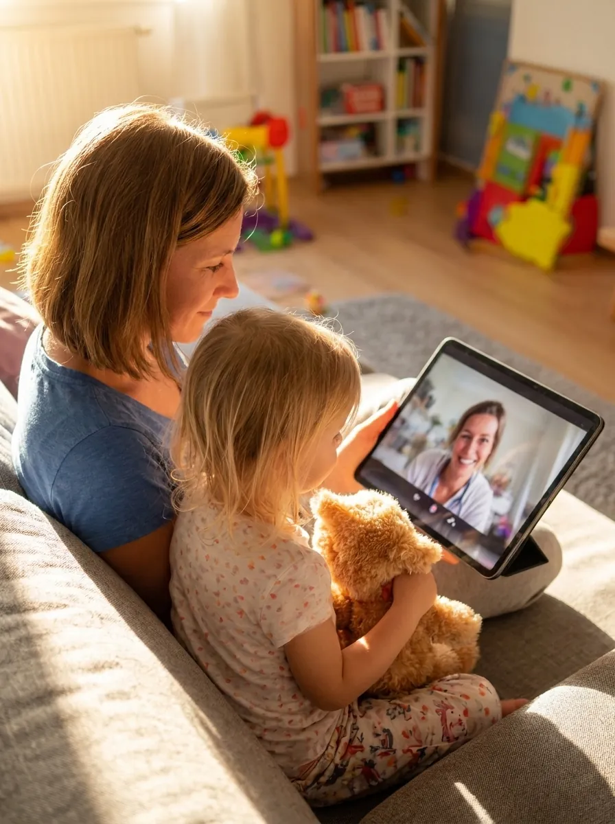 Mother and child speaking with a healthcare provider over video from home