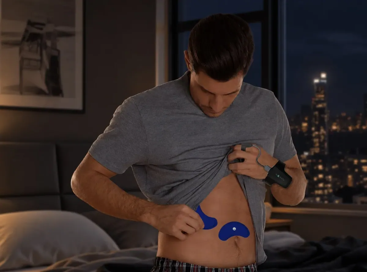 A man applying the Wesper home sleep test sensors to his torso