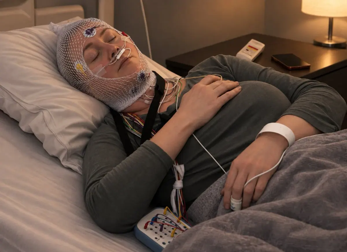 A patient wired with a head net and electrodes for an overnight sleep lab study