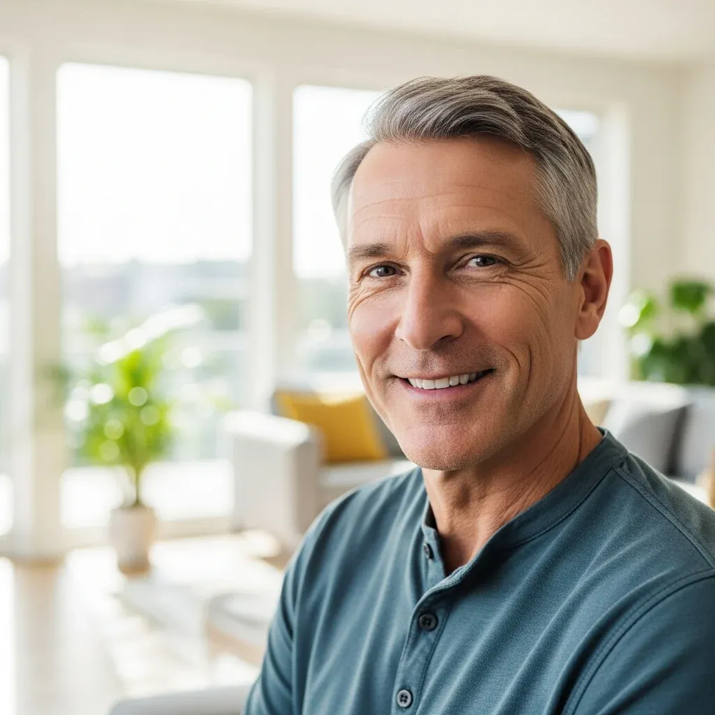 An adult smiling at home