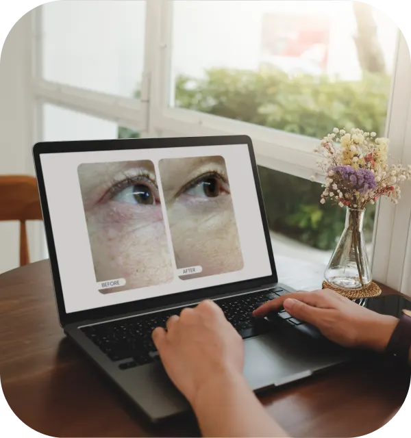 A laptop showing paired before and after clinical photographs of a patient’s under-eye skin