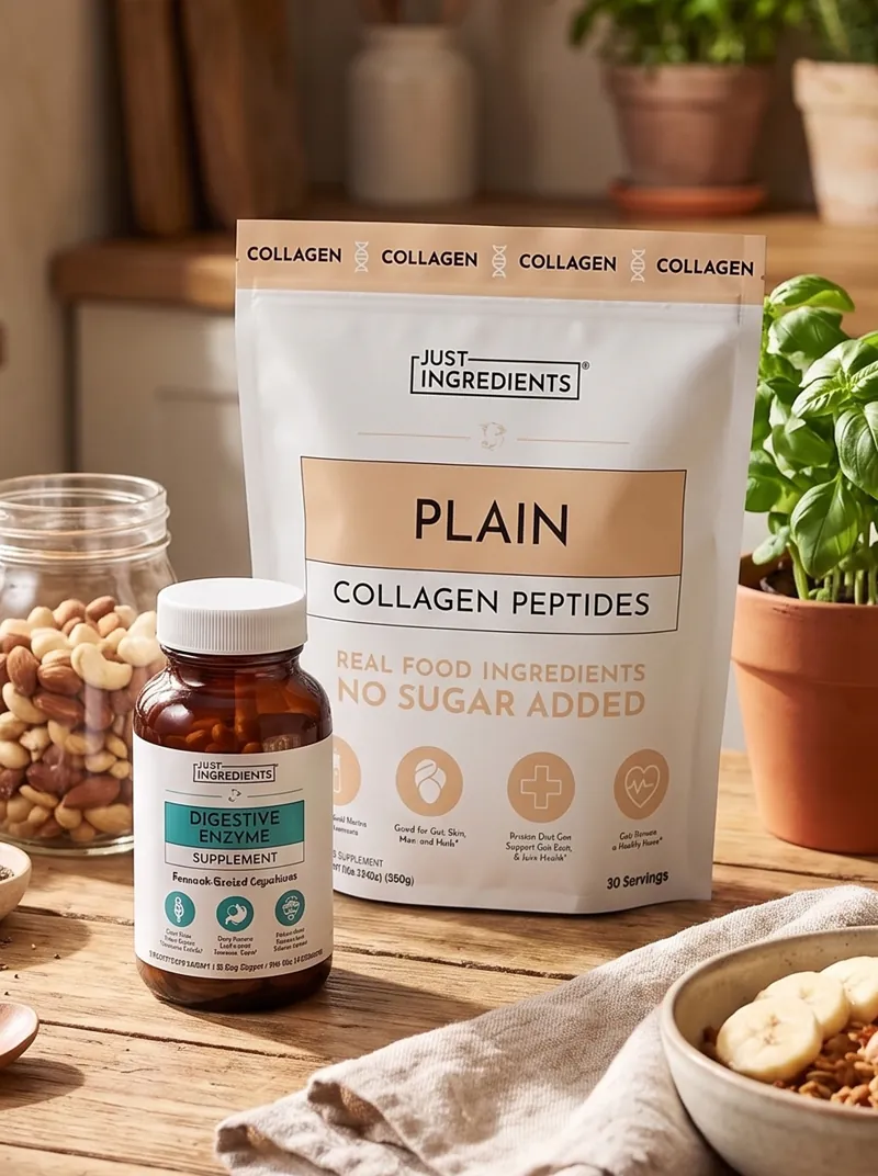 Just Ingredients plain collagen peptides and digestive enzyme supplement on a table