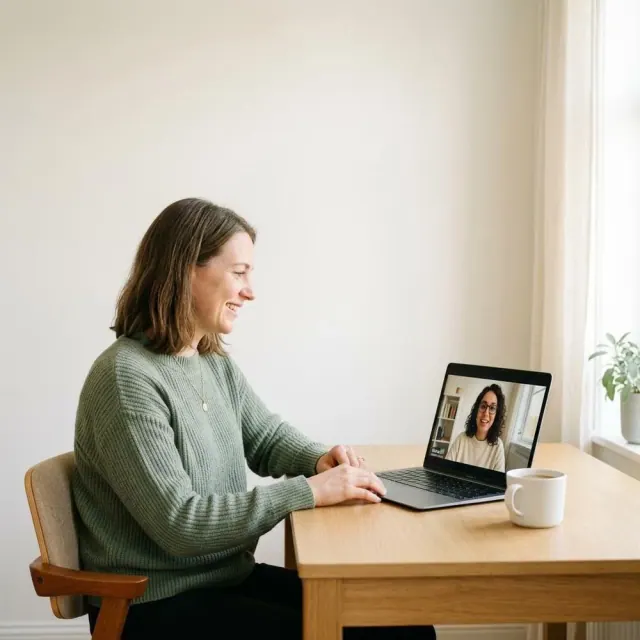 A smiling woman on a laptop video call with a nutritionist, taking notes