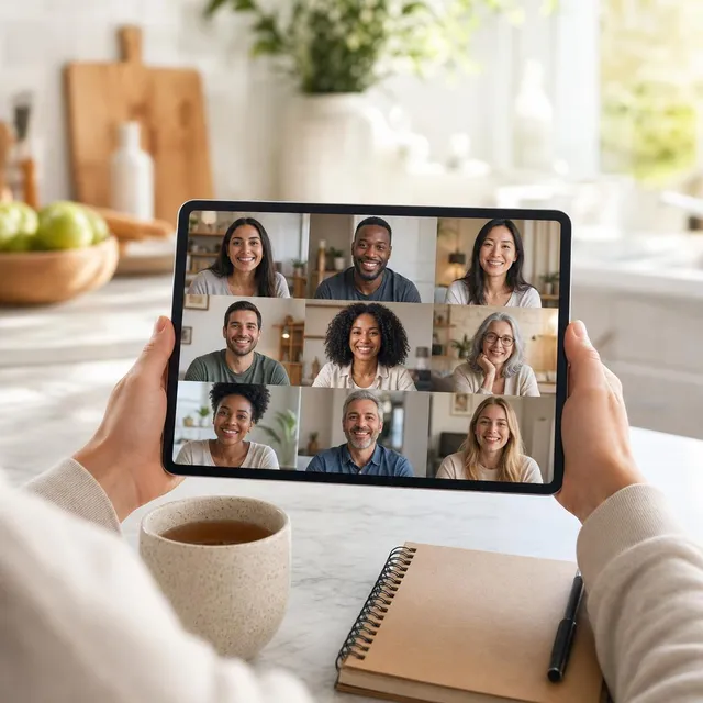 Hands holding a tablet showing a group video call with smiling community members
