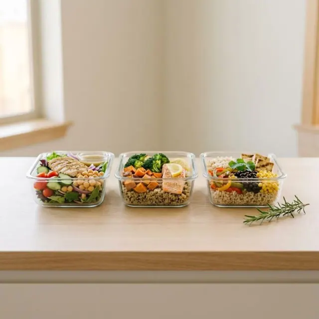 A person meal-prepping healthy lunches into glass containers