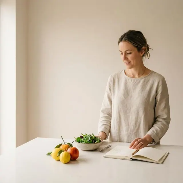 A woman arranging colorful whole foods on a bright kitchen counter while reading nutrition notes