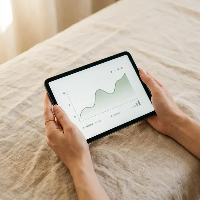 Hands holding a tablet showing a clean personal health report