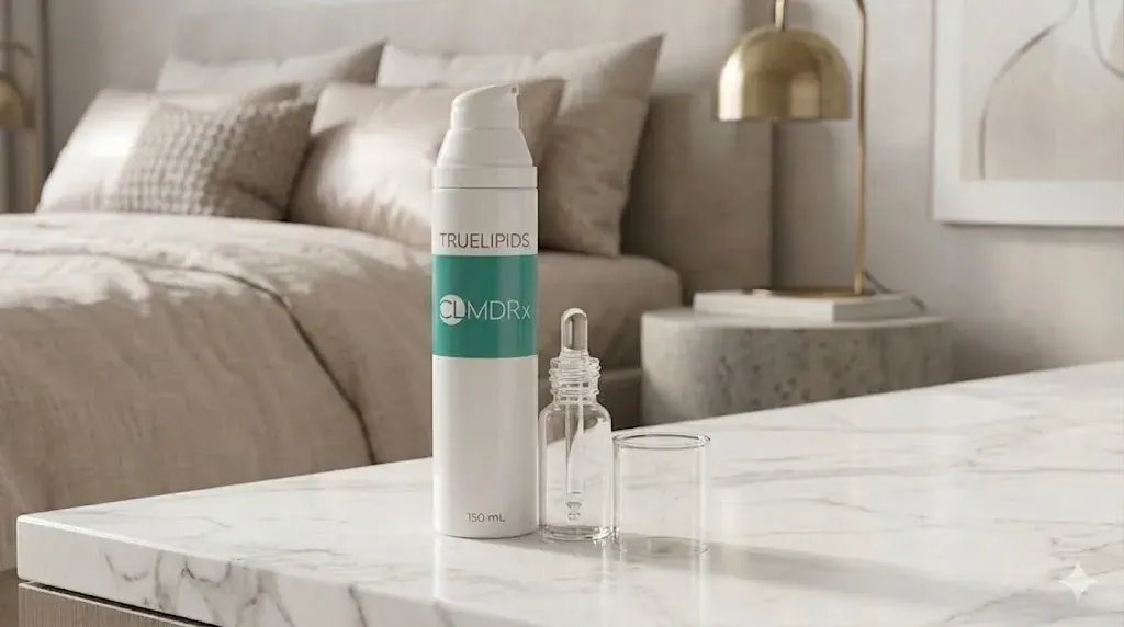 A custom-compounded prescription skincare bottle with dropper