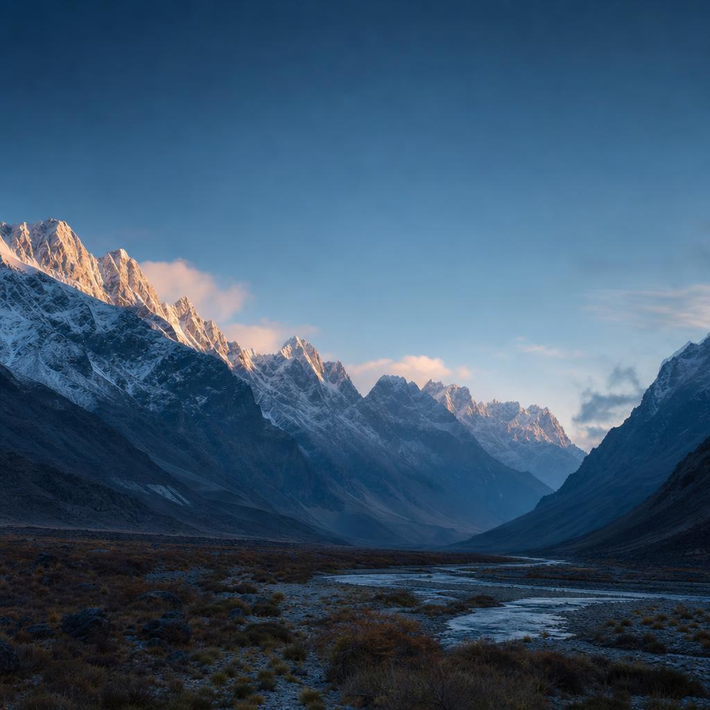 Snow-covered mountains rise above a winding river valley at dusk