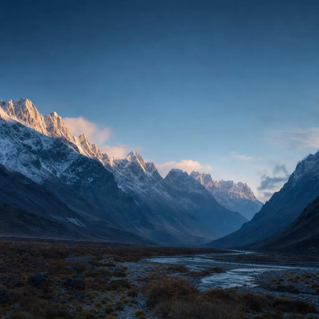 Snow-covered mountains rise above a winding river valley at dusk